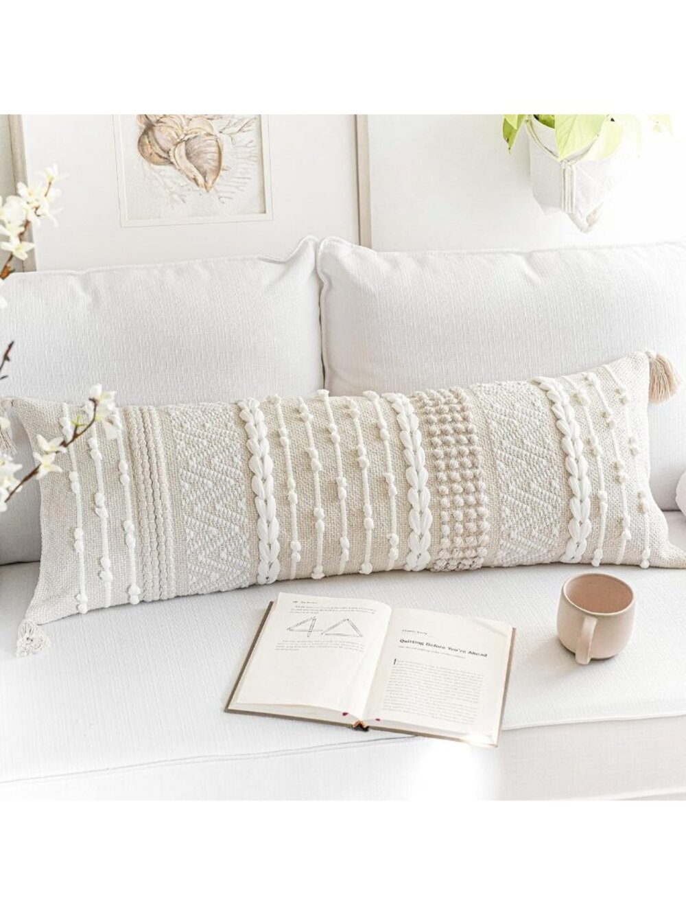 Boho Decorative Lumbar Throw Pillow Cover 14x36 - Neutral Beige & White Accent